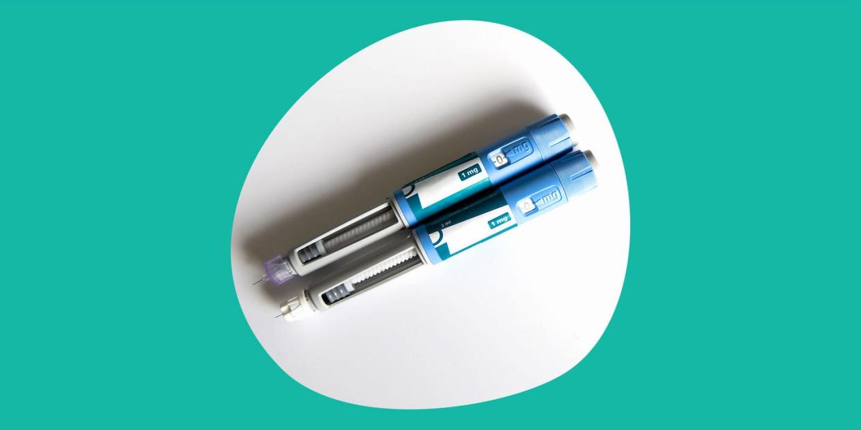 two osempic pens on a blue-green ground